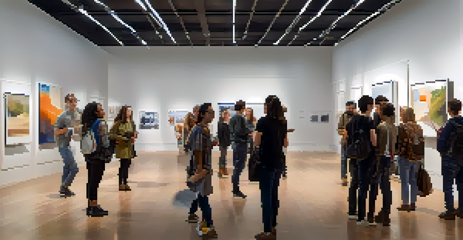 A modern art gallery filled with students' artworks and visitors engaging with the art, creating a lively exhibition atmosphere.