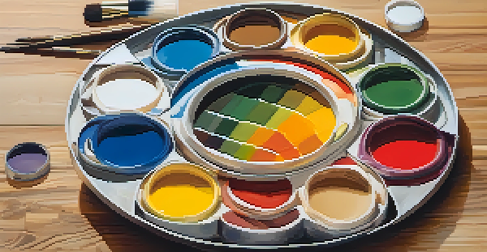 A colorful artist's palette with arranged paints and brushes on a wooden table, illuminated by warm light.