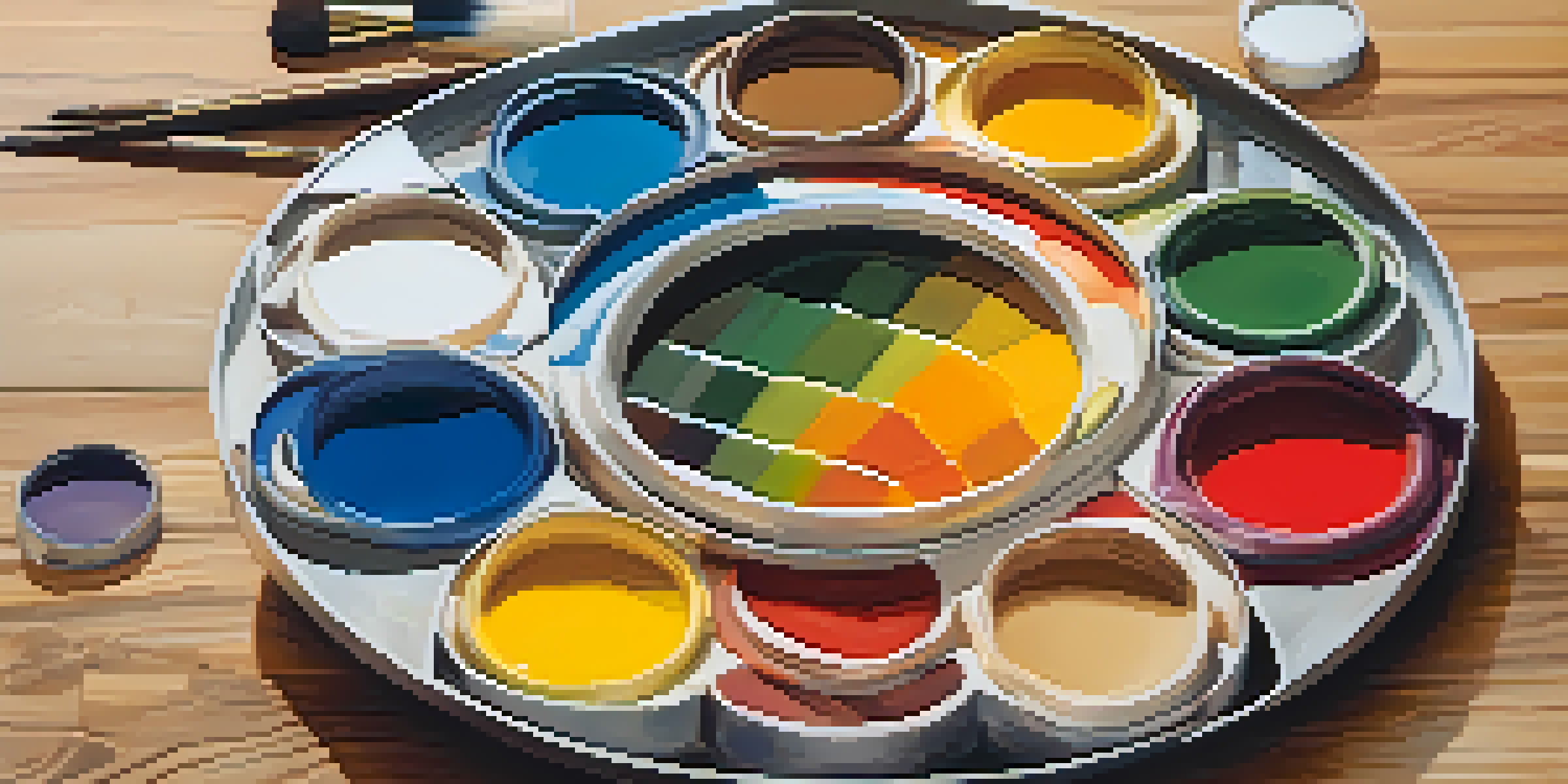 A colorful artist's palette with arranged paints and brushes on a wooden table, illuminated by warm light.