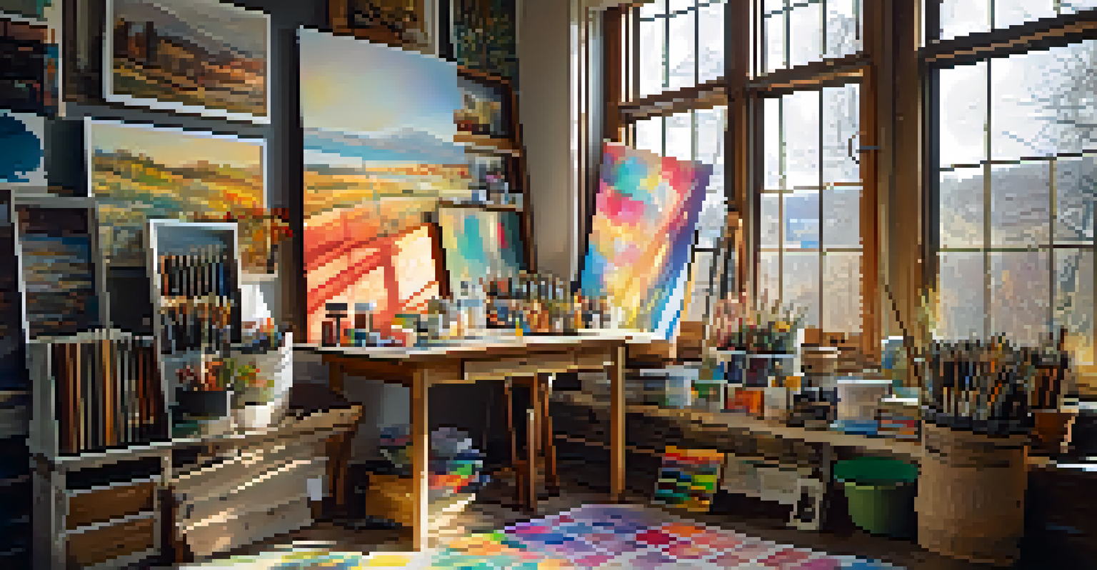 An artist's studio with colorful palettes, canvases, and light streaming through a window.