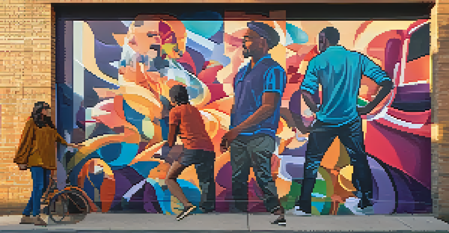 A colorful street art mural on a building, with people discussing its social message, illuminated by warm sunlight.