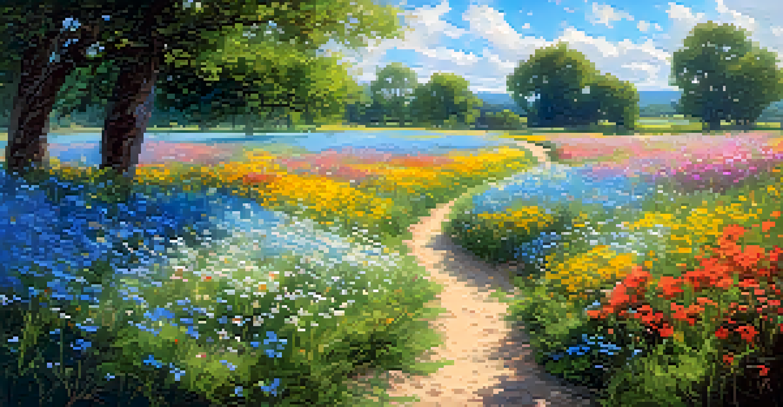 An impressionist landscape of a field filled with colorful wildflowers and a blue sky.