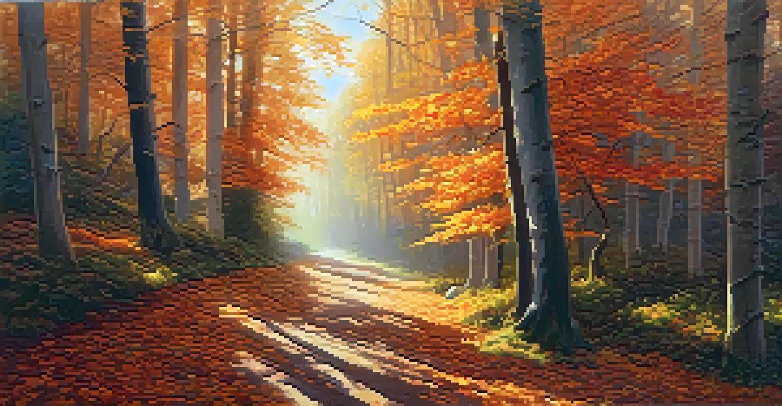 An inviting autumn forest pathway lined with colorful fallen leaves and dappled sunlight.