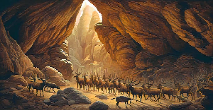 A cave painting depicting early humans hunting bison and deer, with textured walls and warm earthy colors.