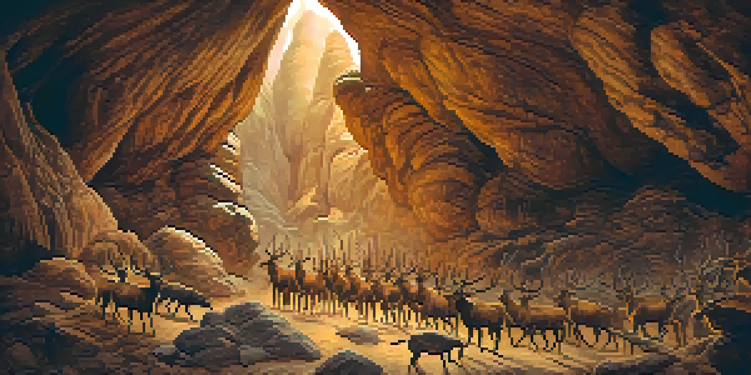 A cave painting depicting early humans hunting bison and deer, with textured walls and warm earthy colors.