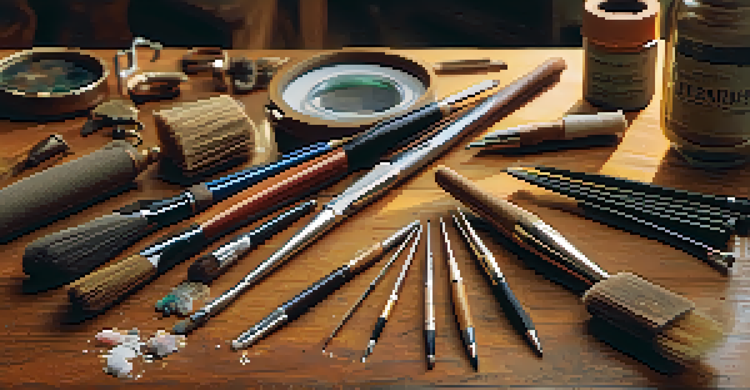 A collection of traditional art restoration tools on a wooden table, illuminated by warm light, showcasing craftsmanship.