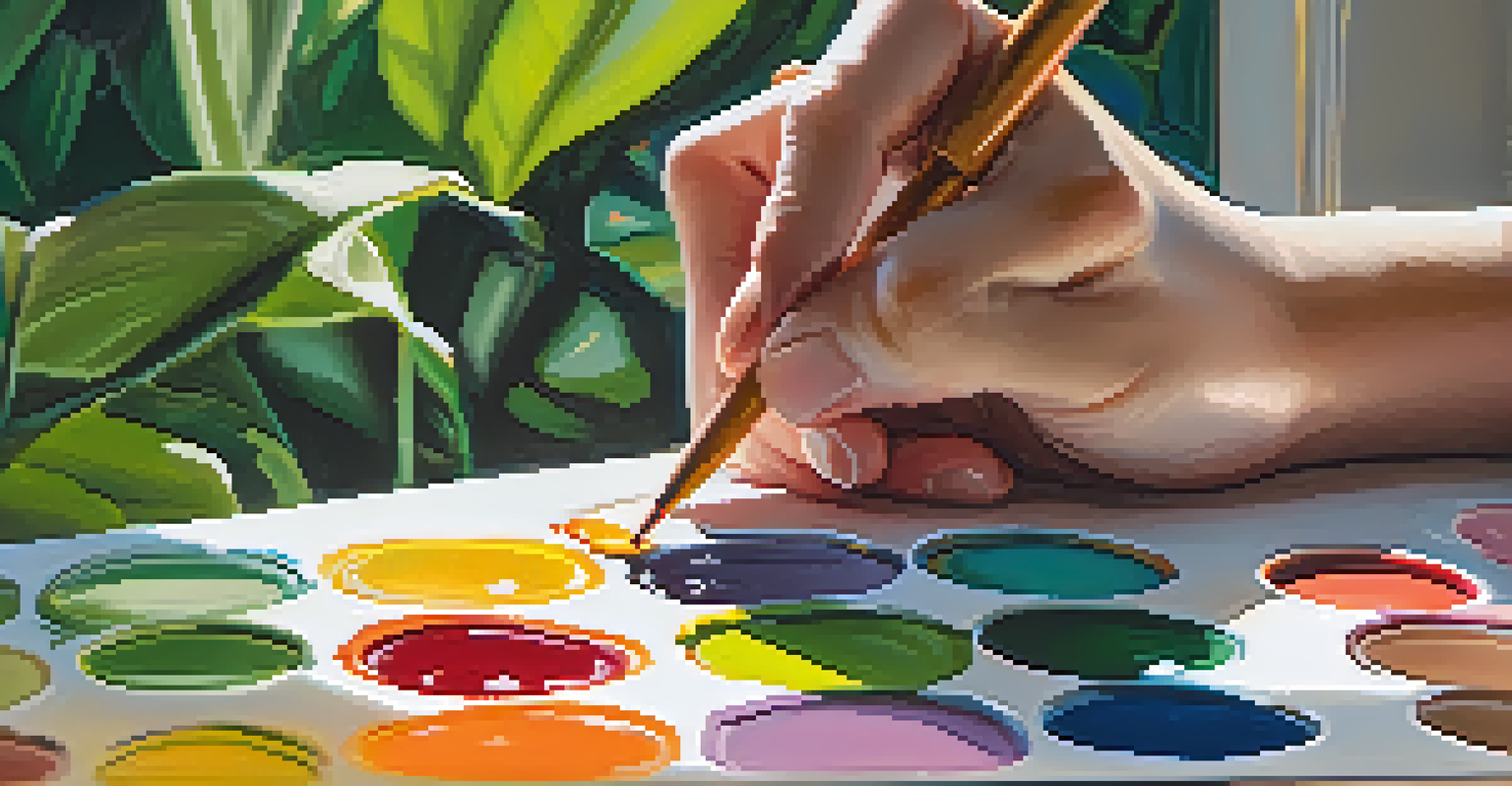 An artist painting on a canvas in a sunlit studio, with colorful strokes and brushes scattered around.