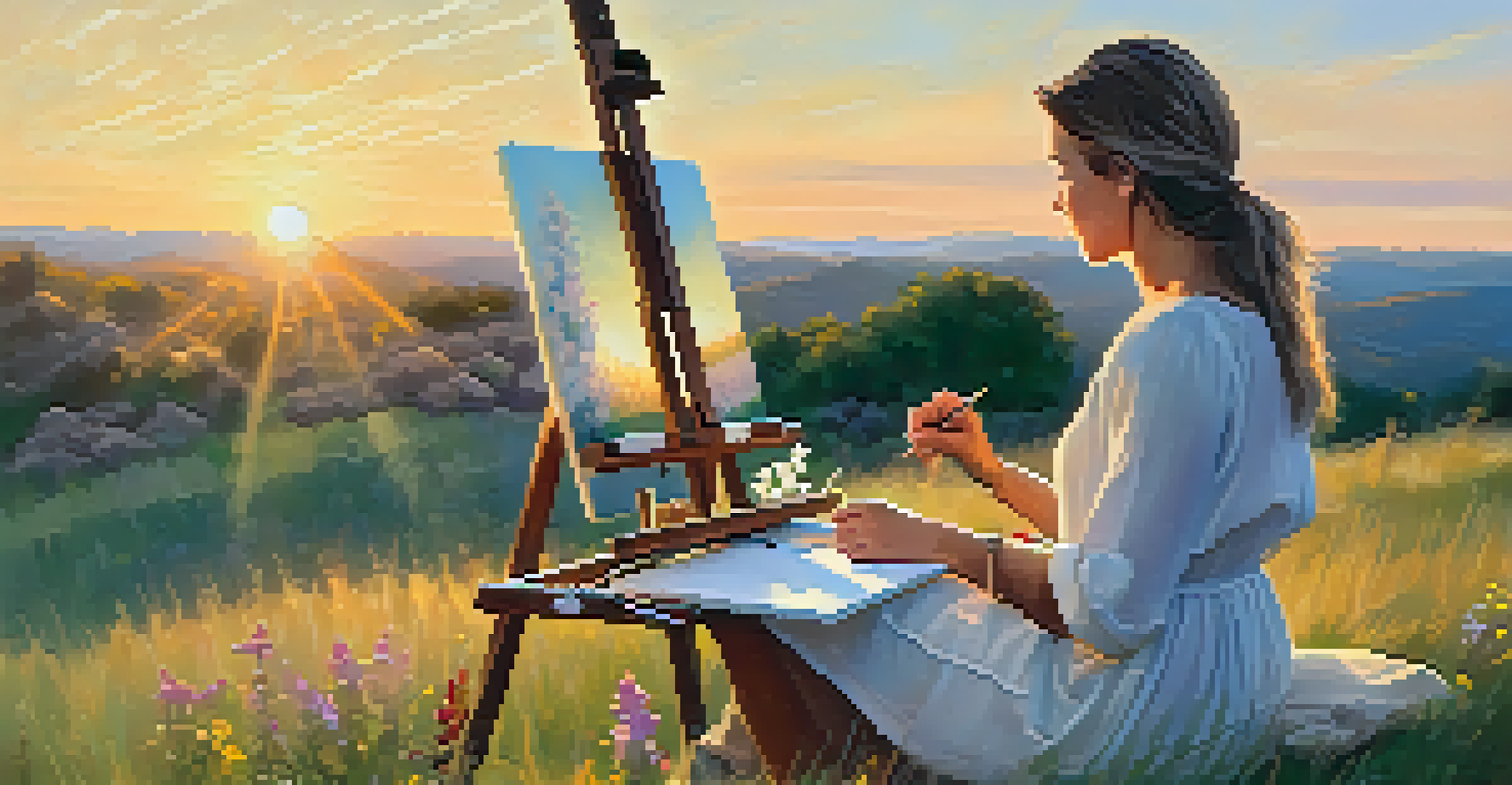 A female artist painting outdoors on a sunny hill surrounded by wildflowers, with a sunset in the background.
