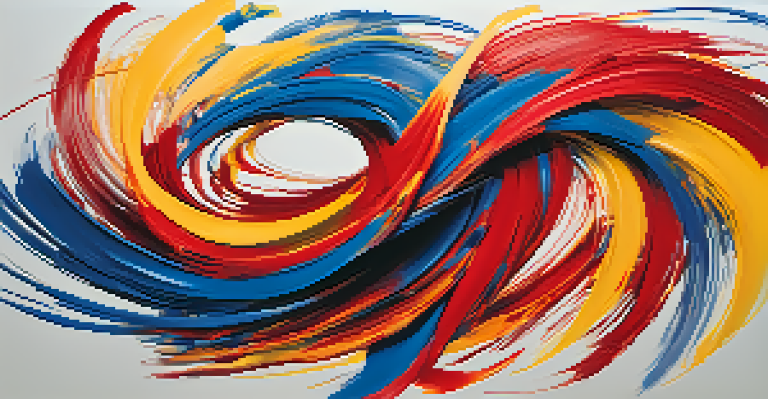 An abstract painting of swirling brush strokes in bright colors, representing movement and energy.