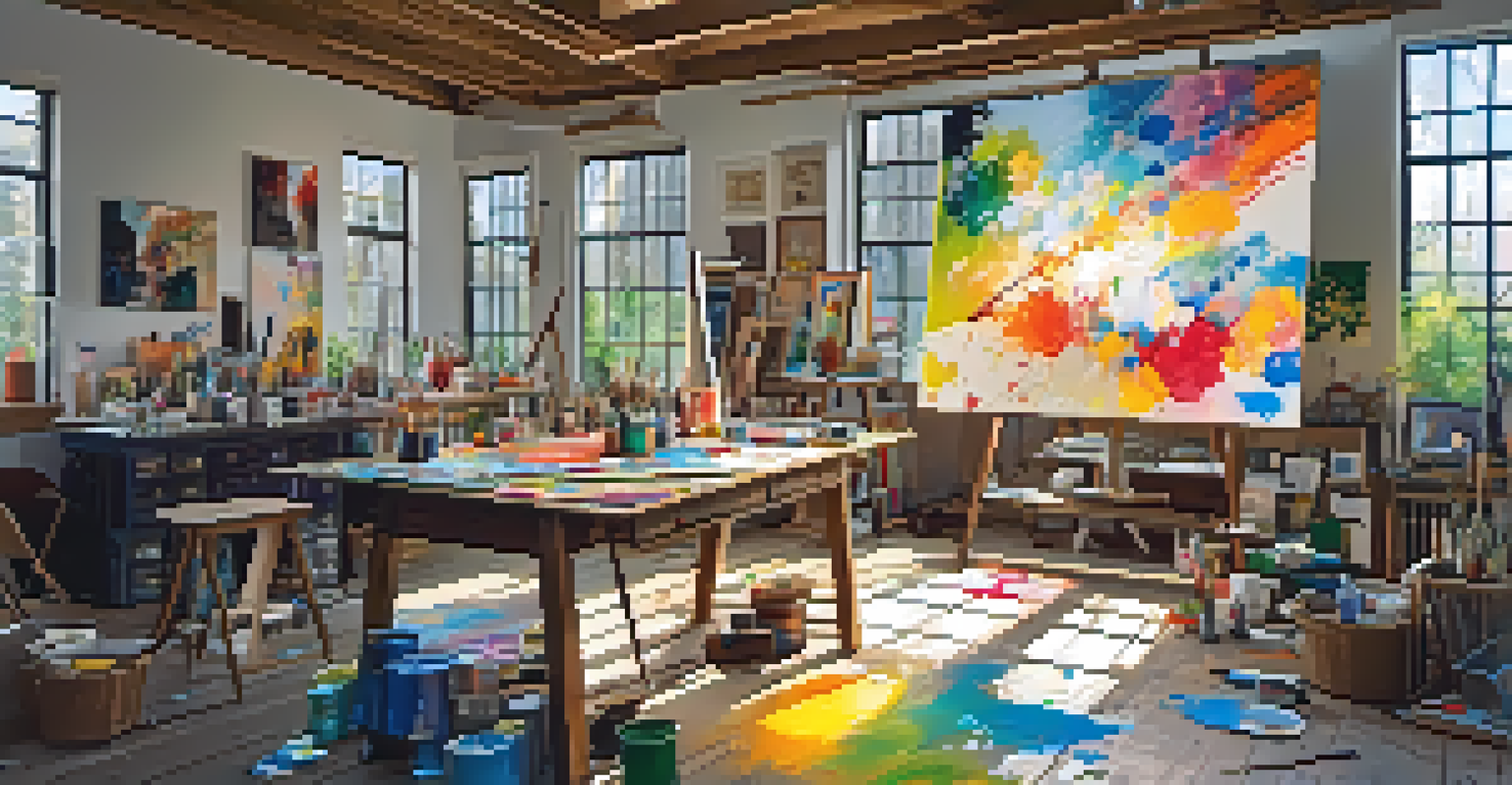 An artist's studio with colorful canvases, paint splatters, and sunlight streaming through windows.