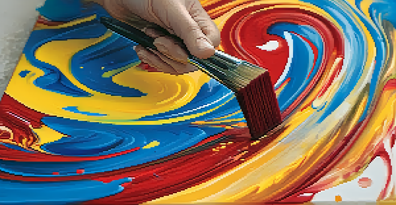 A close-up view of a vibrant abstract painting in progress, showcasing bright colors and an artist's hand holding a brush.