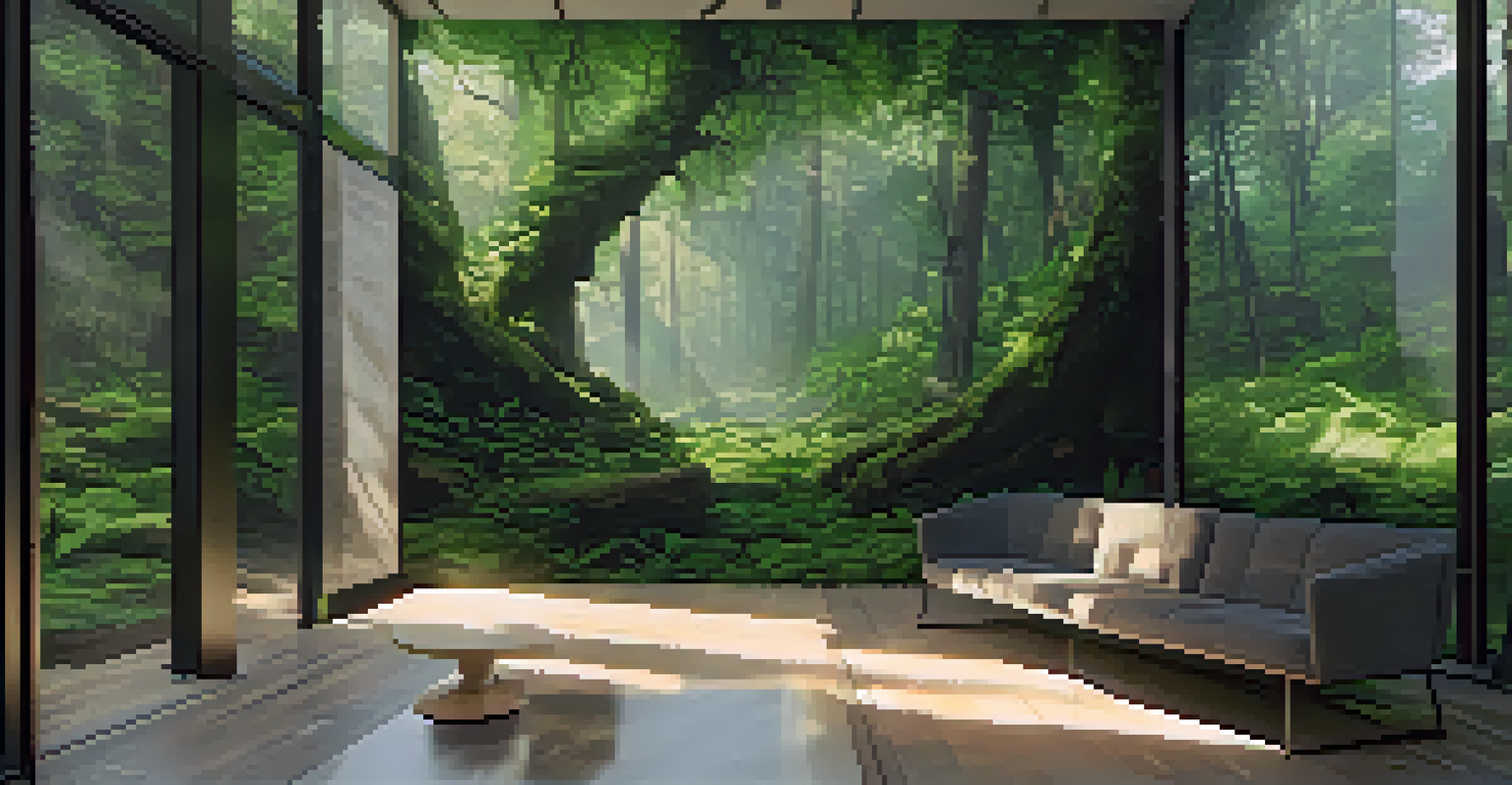 A digital art installation in a gallery that uses virtual reality to depict a forest impacted by climate change, showcasing both healthy and decaying elements.