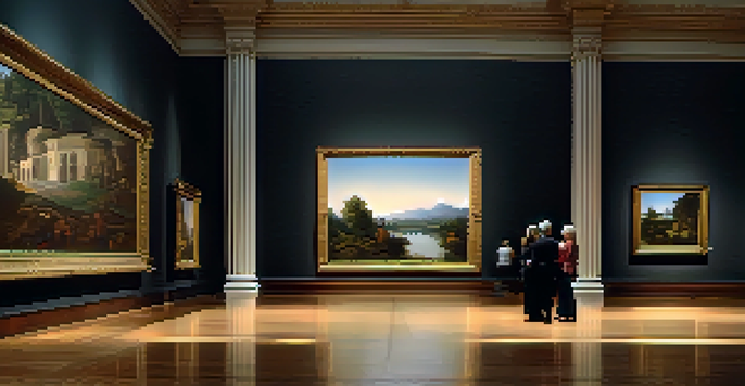 A serene Renaissance painting displayed in a dimly lit art gallery, with visitors admiring the artwork.