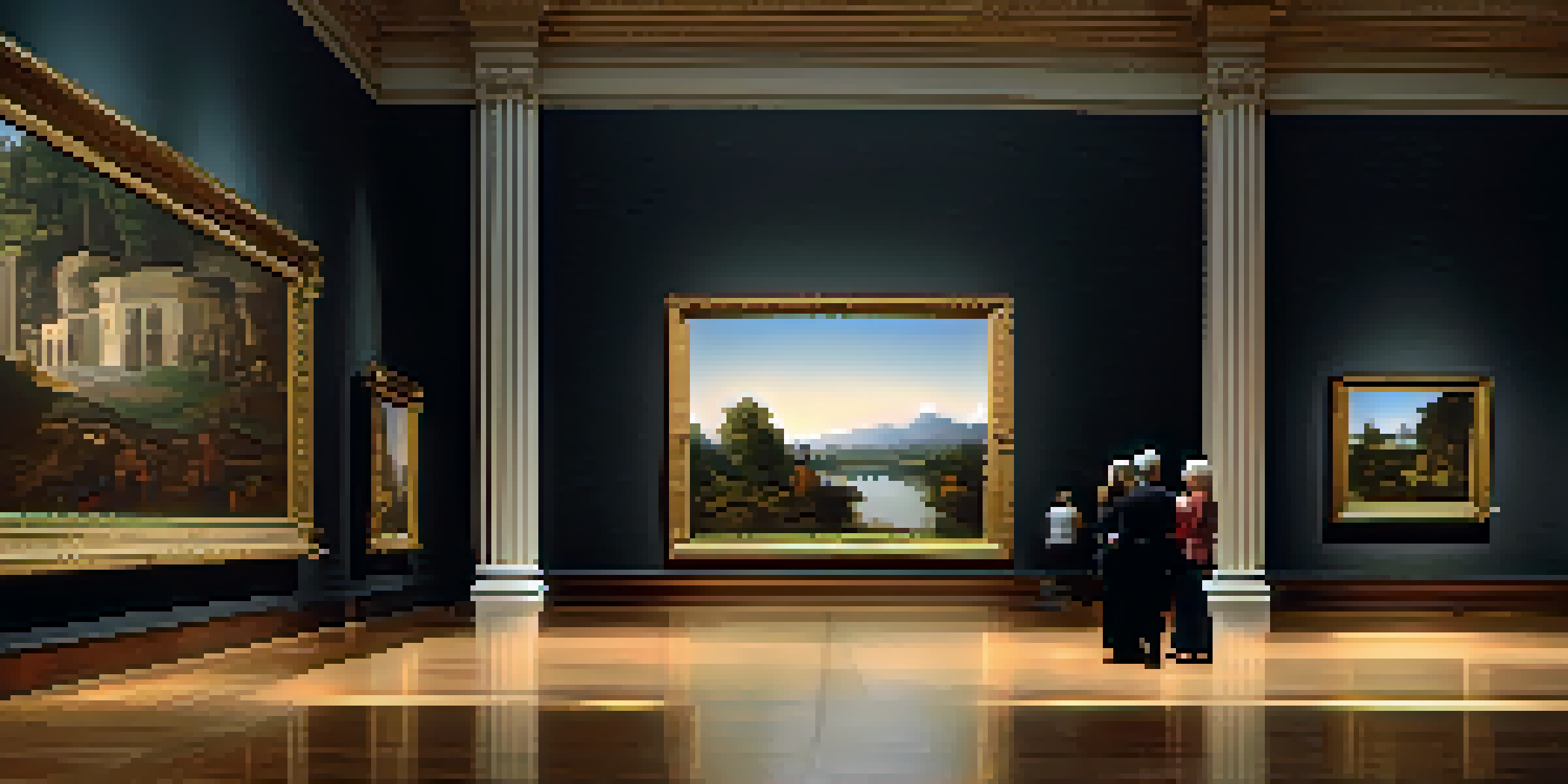 A serene Renaissance painting displayed in a dimly lit art gallery, with visitors admiring the artwork.