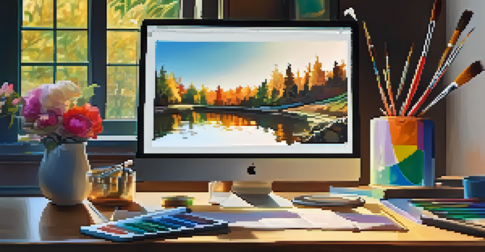 A digital artist's workspace with a graphic tablet and colorful digital brushes on the screen, showcasing a painting in progress under natural light.