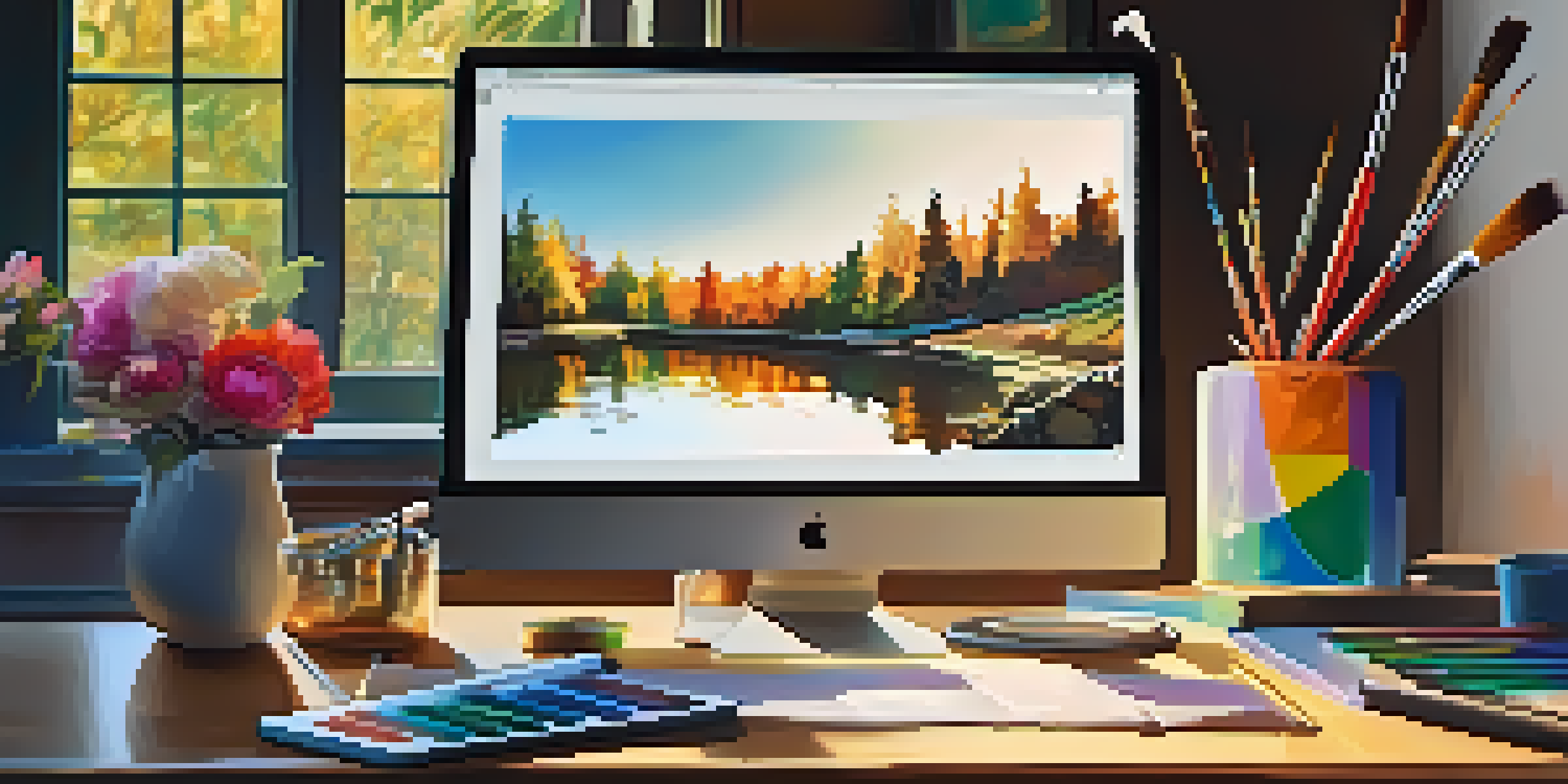 A digital artist's workspace with a graphic tablet and colorful digital brushes on the screen, showcasing a painting in progress under natural light.