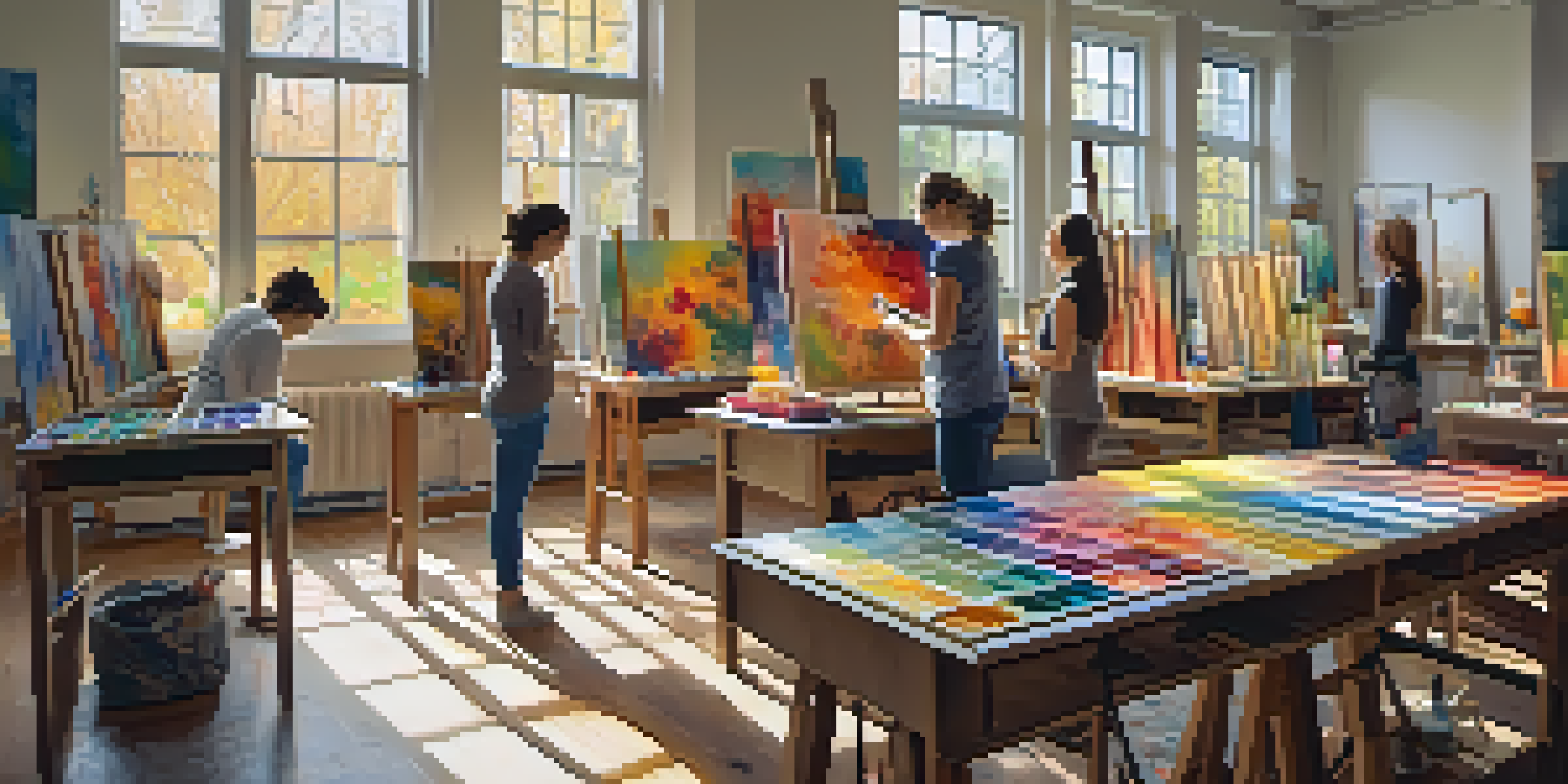 A diverse group of female artists working together in a bright art studio filled with colorful canvases and paintbrushes.