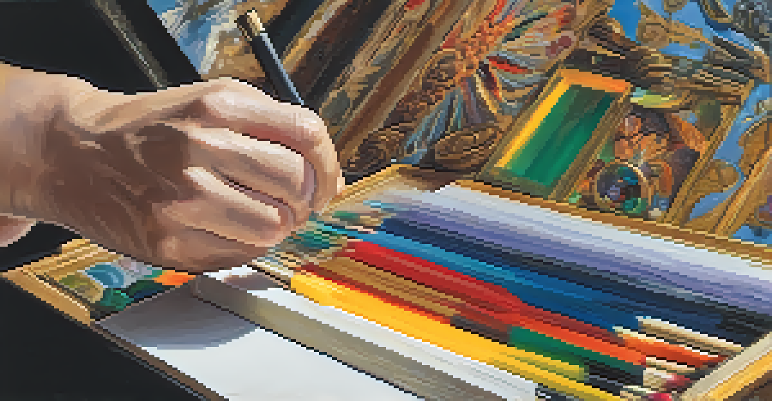 An art expert examining a detailed painting with a magnifying glass, surrounded by tools and books.