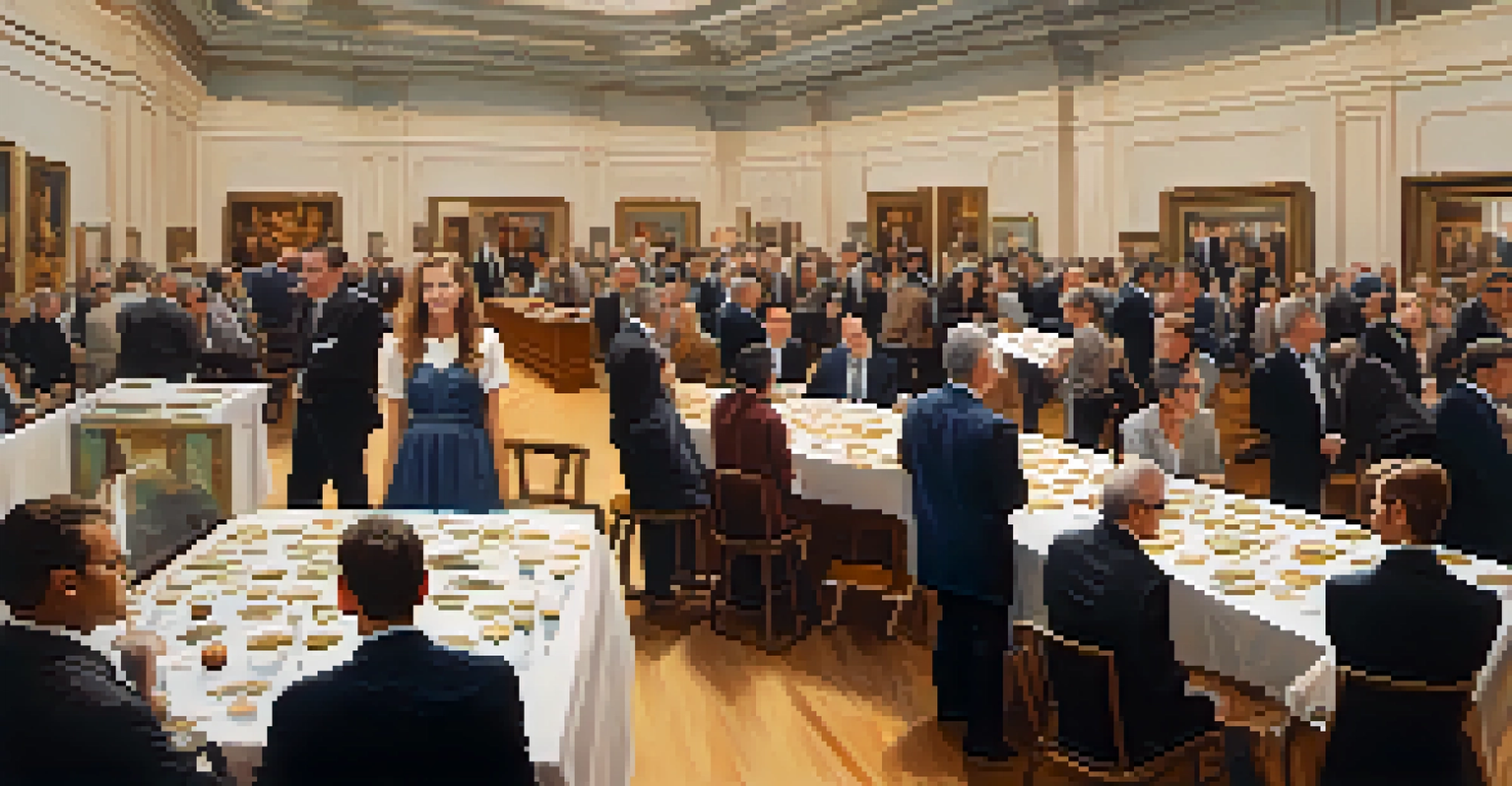 A lively art auction with bidders and auctioneers in an elegantly decorated room.