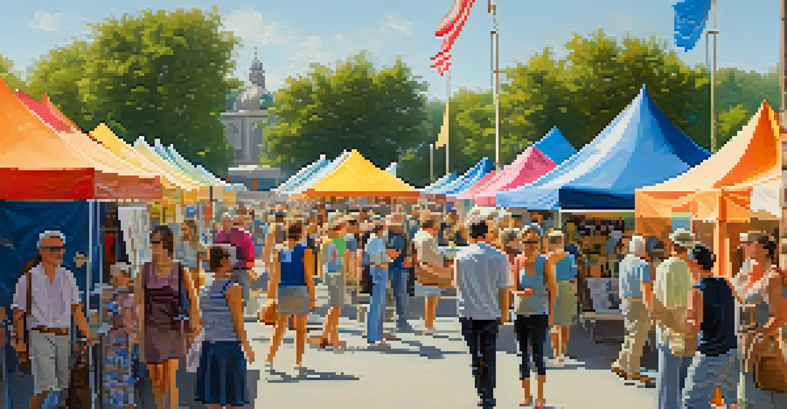 Outdoor art fair with collectors exploring booths and engaging in conversations.