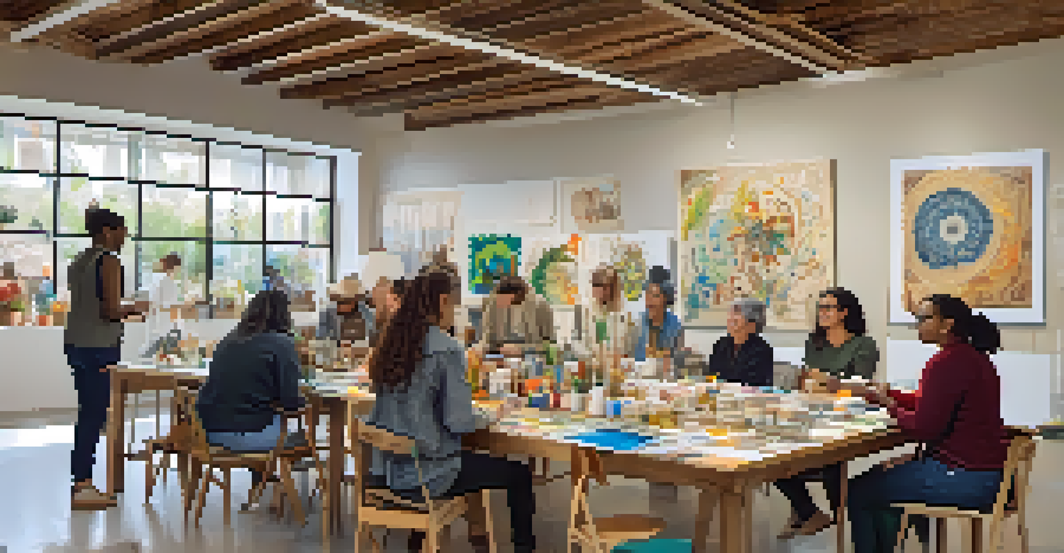 A community workshop where artists share sustainable art practices, surrounded by artworks made from recycled materials and natural light.