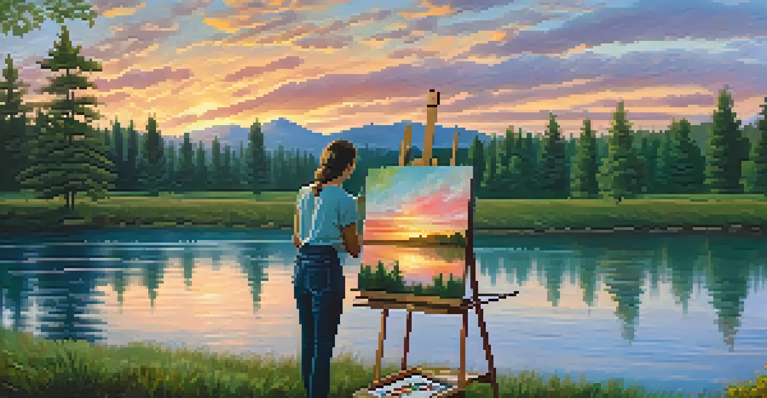 An artist painting outdoors at sunset, with a vibrant sky and calm lake in the background, fully immersed in their creative process.