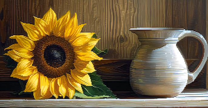 A still life of a bright yellow sunflower in a rustic vase on a wooden table.