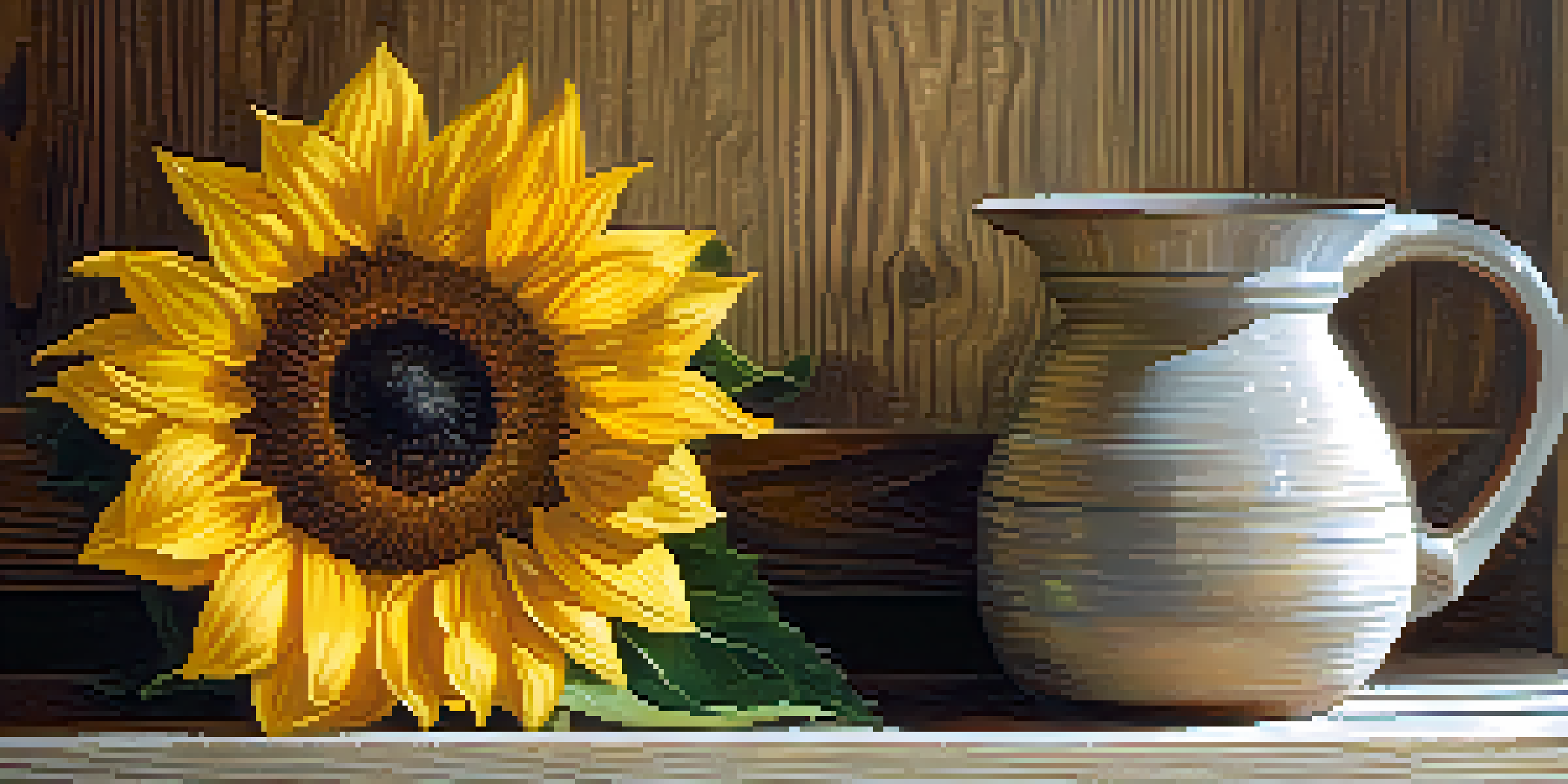 A still life of a bright yellow sunflower in a rustic vase on a wooden table.