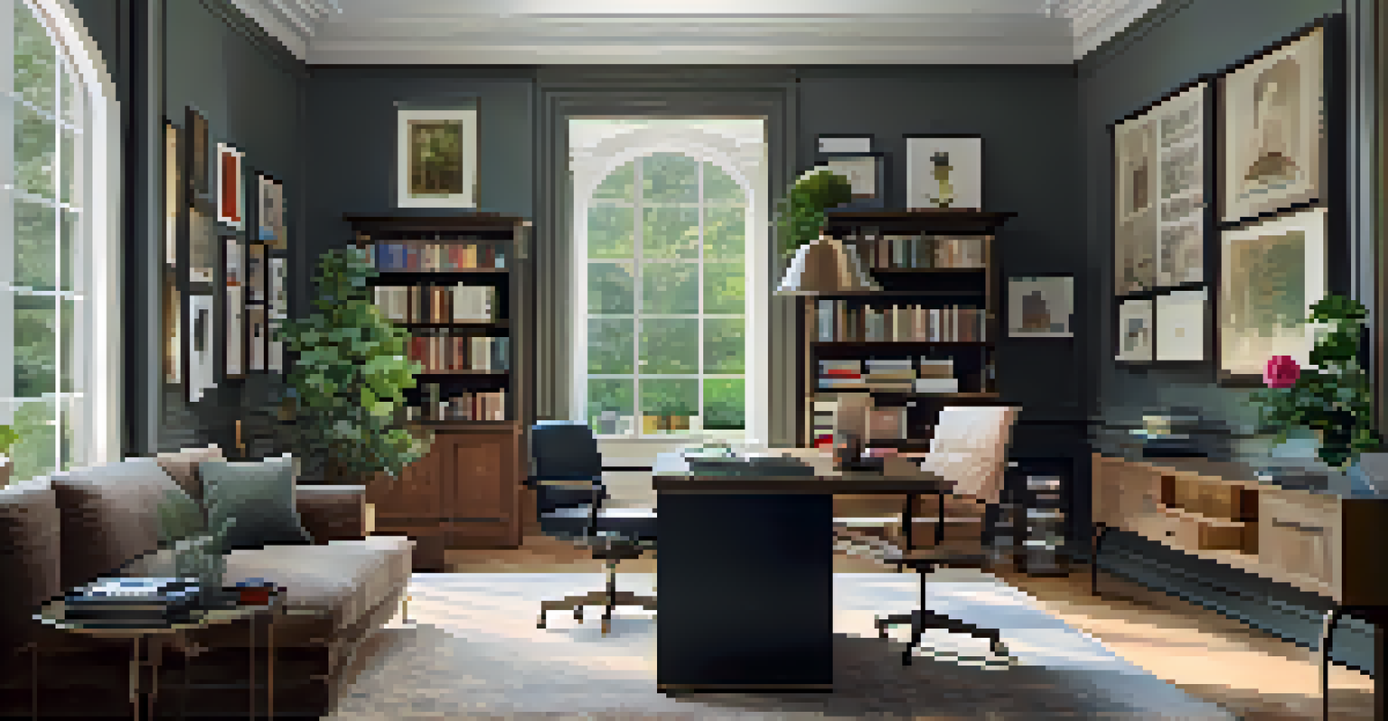 Art collector's home office with artworks on the walls and a view of a garden.