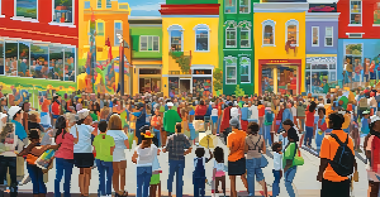 A community art event with local artists and residents working together on a mural, showcasing colorful patterns and a sense of collaboration.