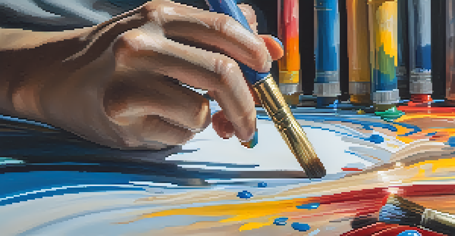 An artist's hands painting an abstract canvas with bright colors and paint tubes around.