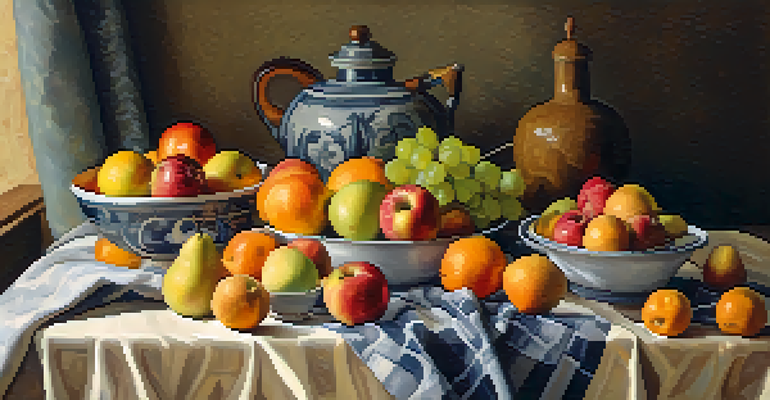 A still life composition of colorful fruits on a textured tablecloth, illuminated by soft light.
