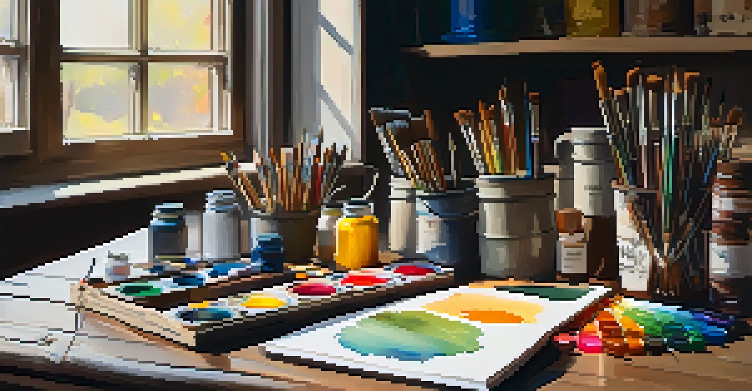A creative workspace featuring gouache tubes, brushes, and a sketchbook on a wooden table.