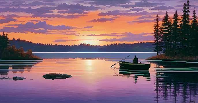 A peaceful sunset over a calm lake with colorful reflections and a silhouetted boat.
