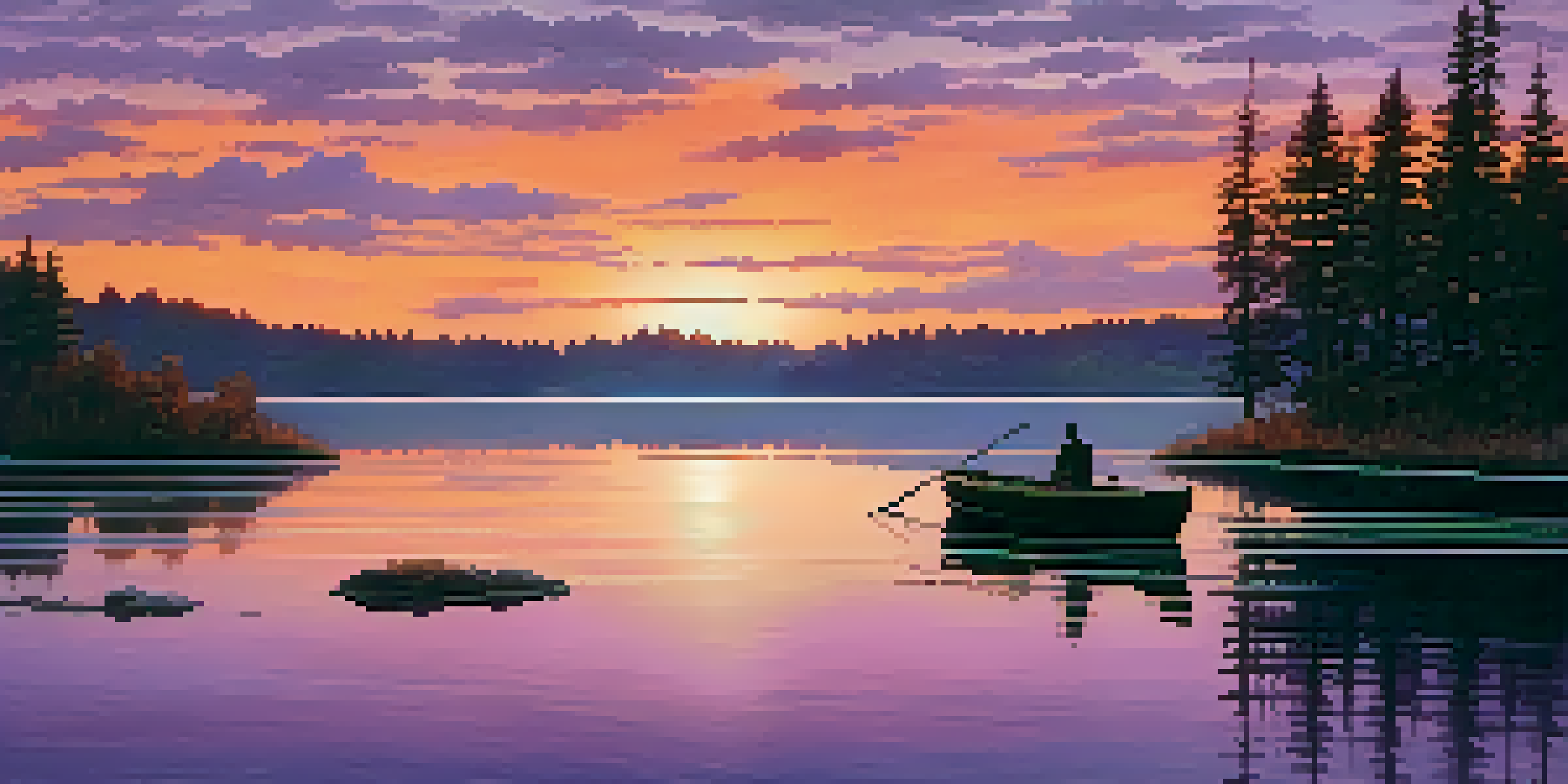 A peaceful sunset over a calm lake with colorful reflections and a silhouetted boat.