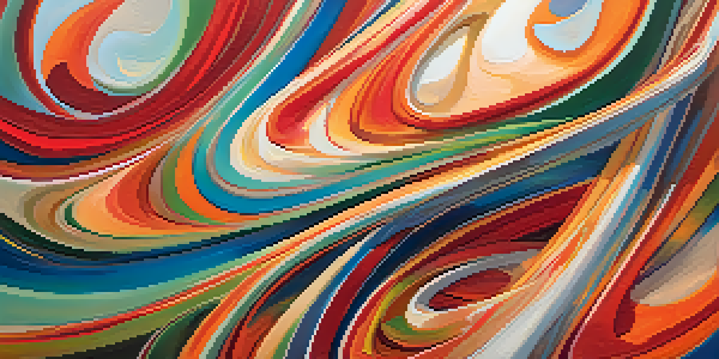An abstract painting showcasing swirling shapes and vibrant colors that symbolize the fluidity of time, with layered textures and dynamic movement.