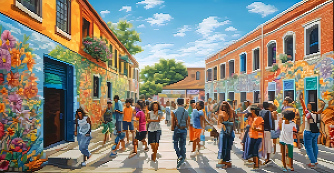 A colorful street mural showcasing a diverse group of people participating in cultural activities against a brick wall, illuminated by natural sunlight.