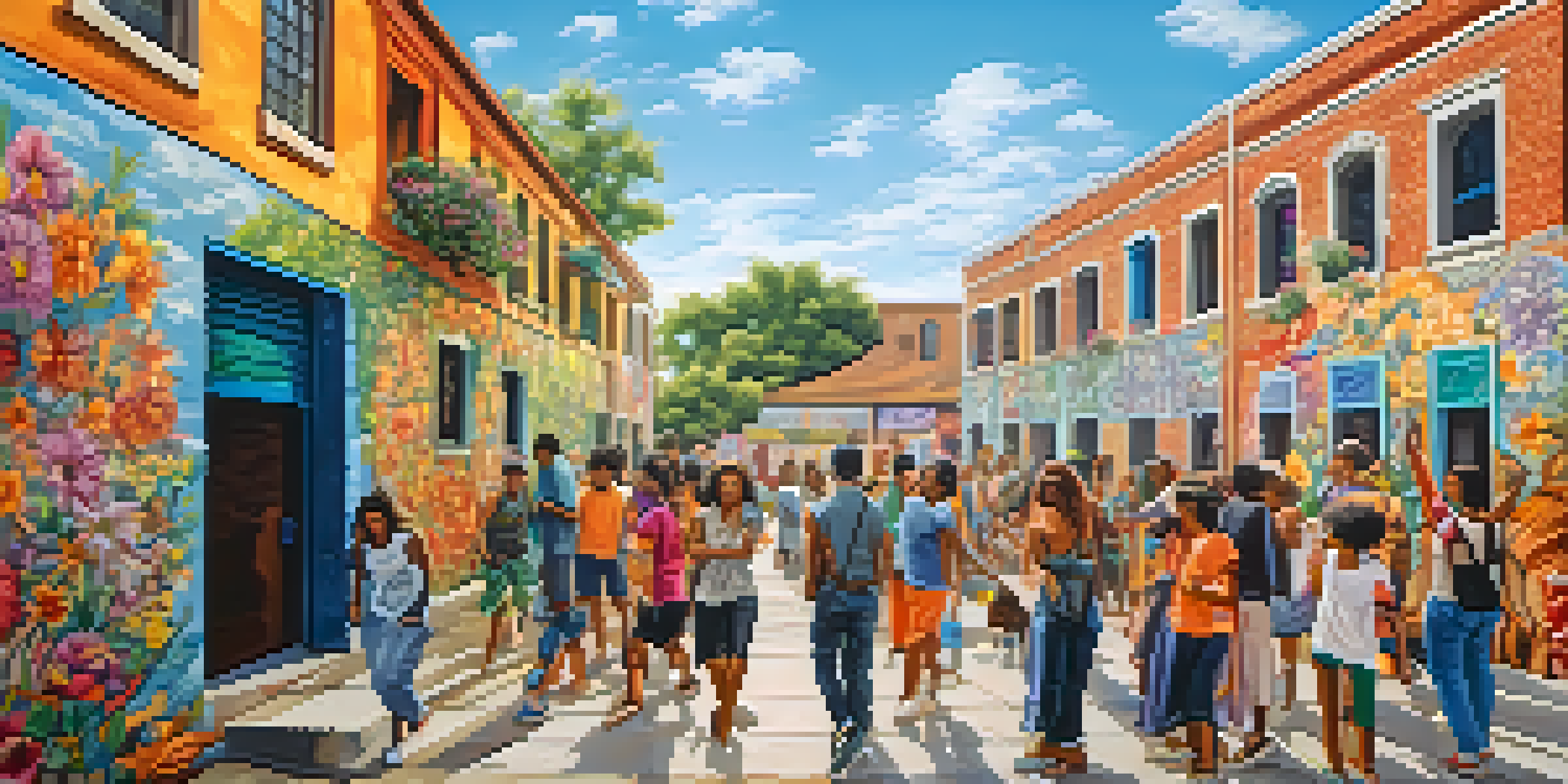 A colorful street mural showcasing a diverse group of people participating in cultural activities against a brick wall, illuminated by natural sunlight.