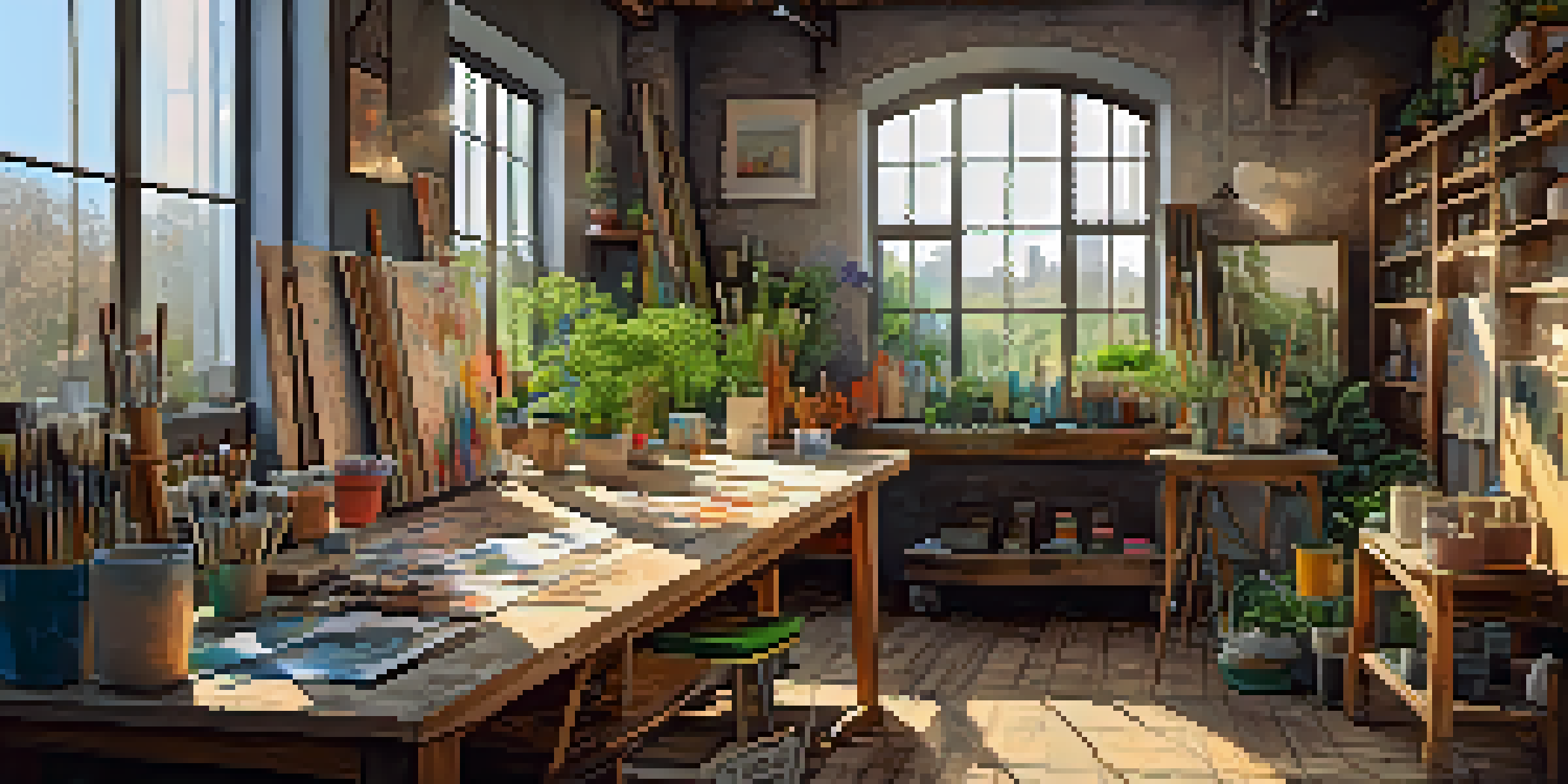 An artist's studio filled with eco-friendly materials, featuring a large canvas painted with natural pigments and sunlight illuminating reclaimed wood furniture.