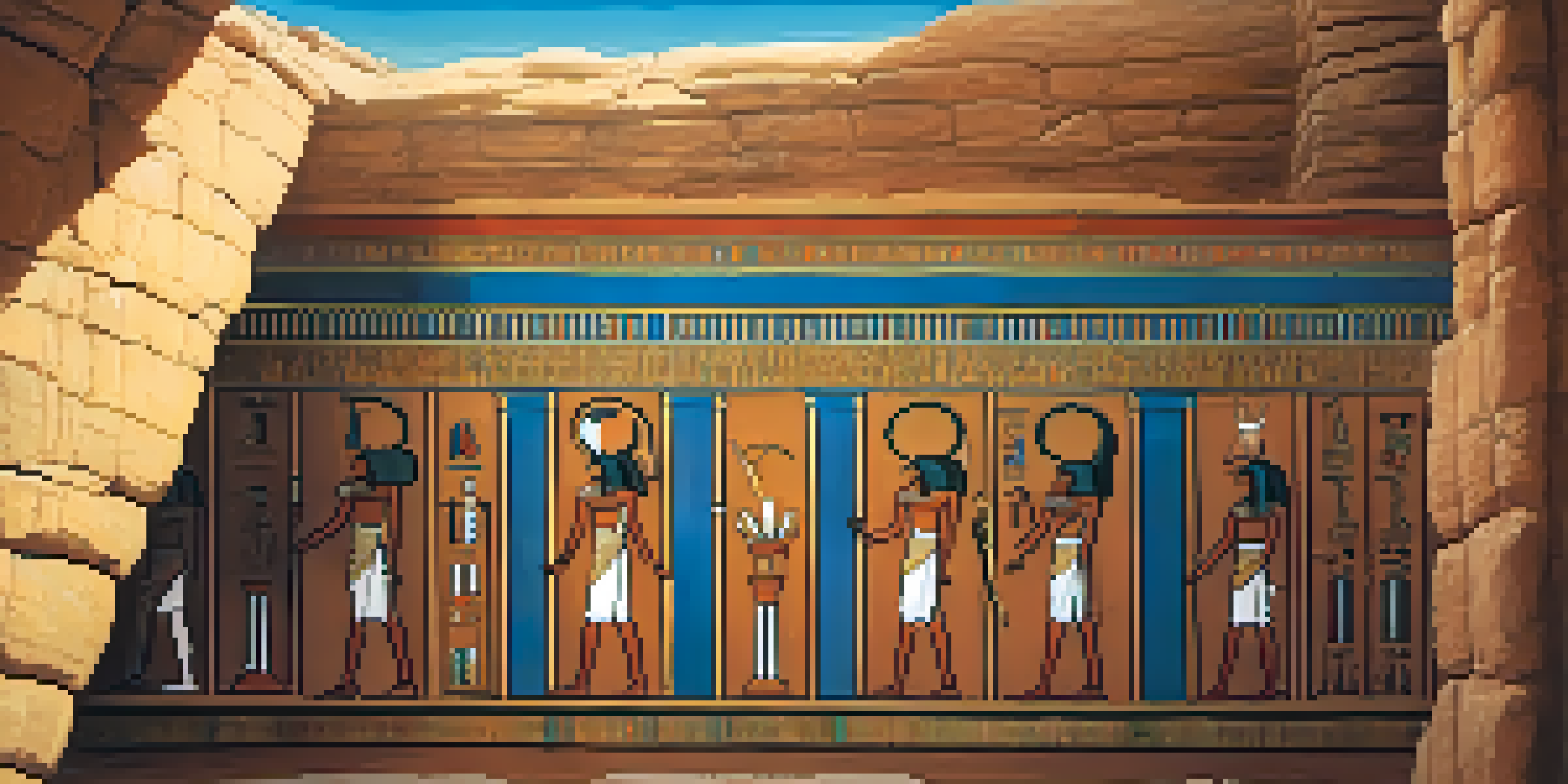 An ancient Egyptian tomb with wall paintings, ankh symbols, and hieroglyphics, illuminated softly.
