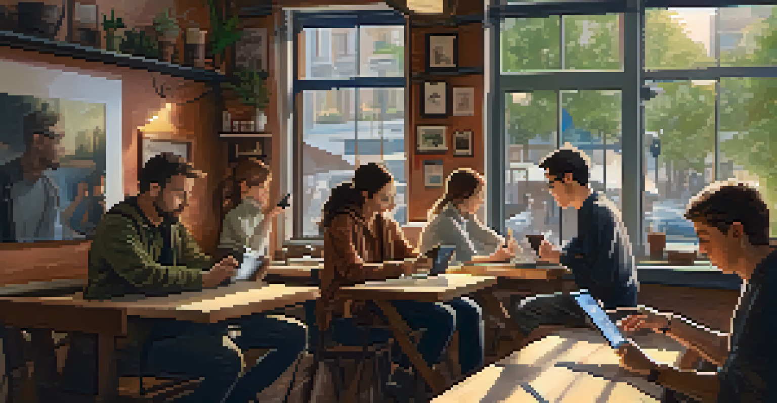 An artist teaching a digital art workshop in a cozy cafe with participants using tablets.