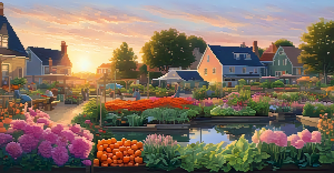 A community garden at sunset with people tending to the plants, surrounded by colorful flowers and vegetables.