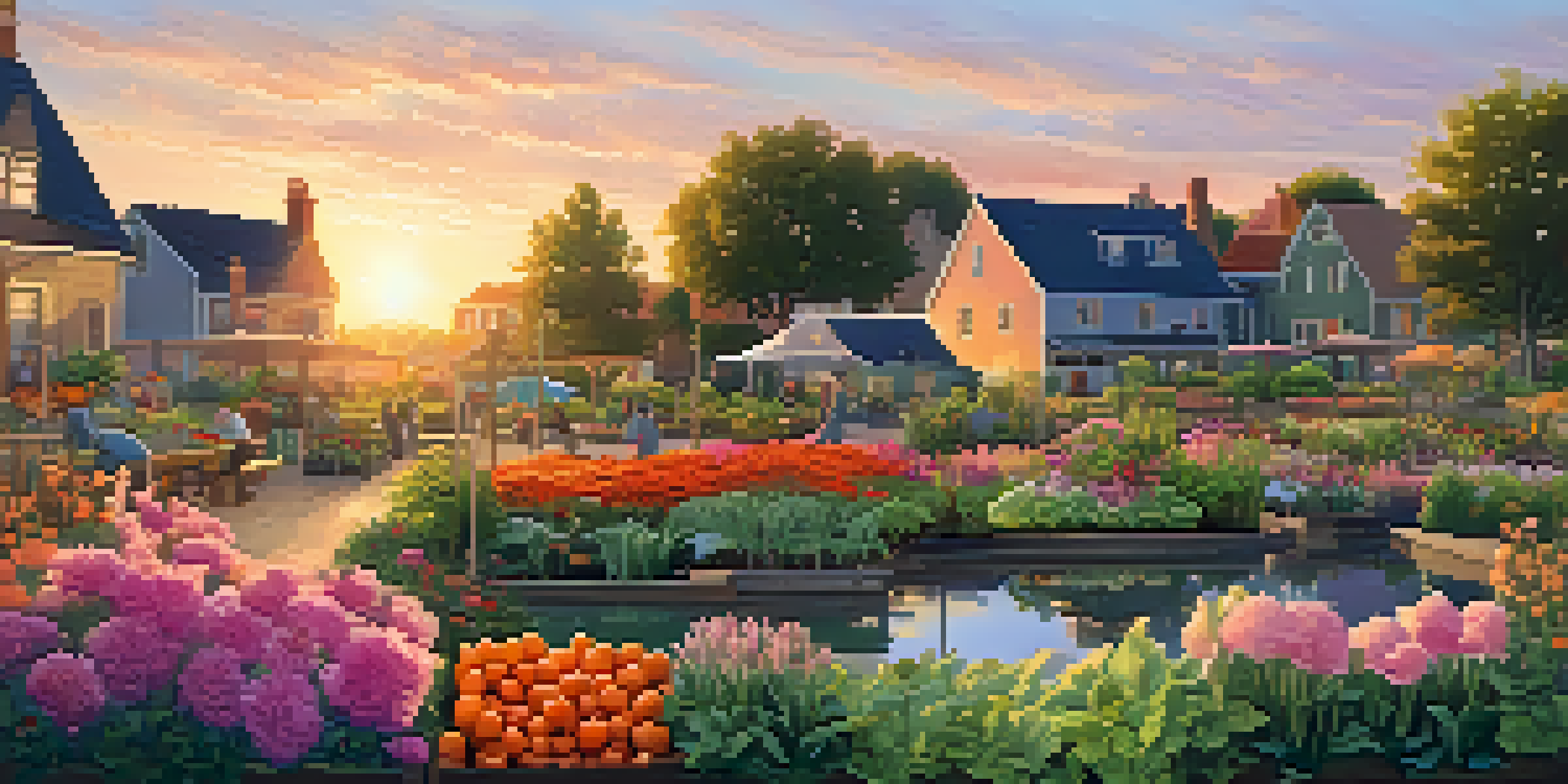 A community garden at sunset with people tending to the plants, surrounded by colorful flowers and vegetables.