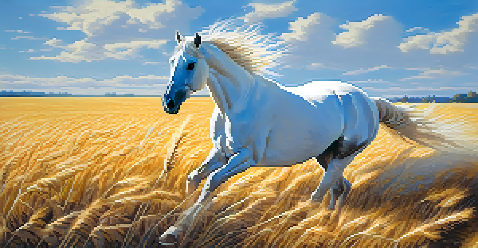 A white horse galloping through a golden wheat field under a bright blue sky, capturing a sense of movement and freedom.