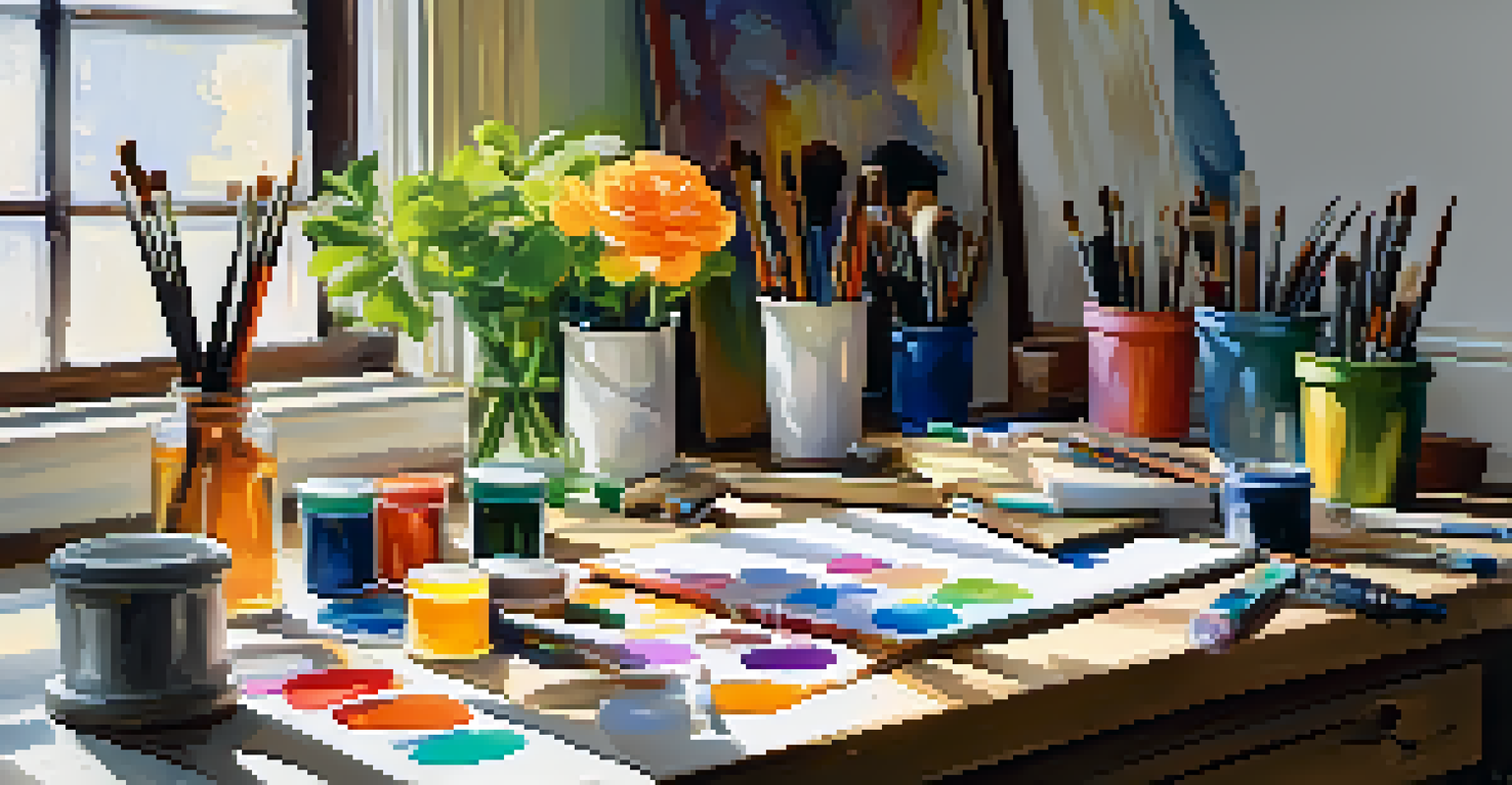 A colorful artist's workspace with paint tubes, brushes, and a partially completed canvas illuminated by sunlight.