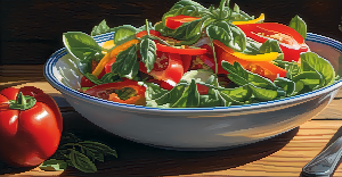 A vibrant salad with fresh greens, ripe tomatoes, and colorful bell peppers plated on a rustic wooden table, illuminated by sunlight.