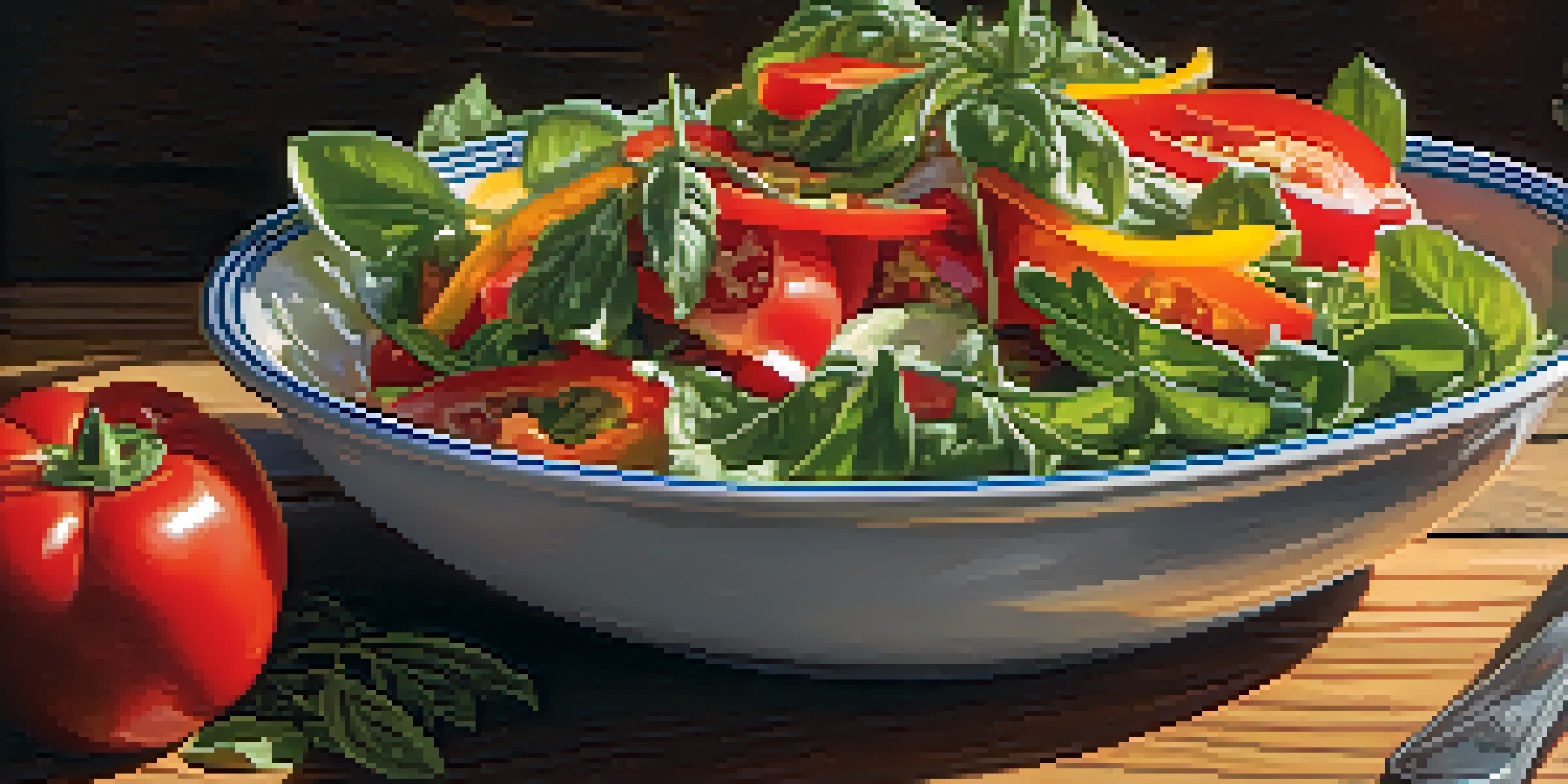 A vibrant salad with fresh greens, ripe tomatoes, and colorful bell peppers plated on a rustic wooden table, illuminated by sunlight.