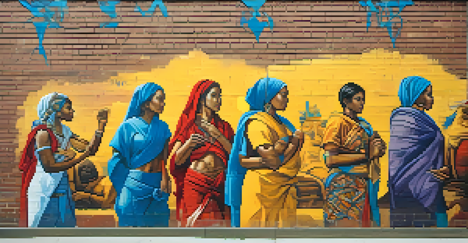 A vibrant outdoor mural featuring strong female figures and cultural symbols, with people admiring it in natural light.