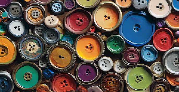 A detailed view of a mixed media artwork with various textures and colors, including fabric and natural elements.