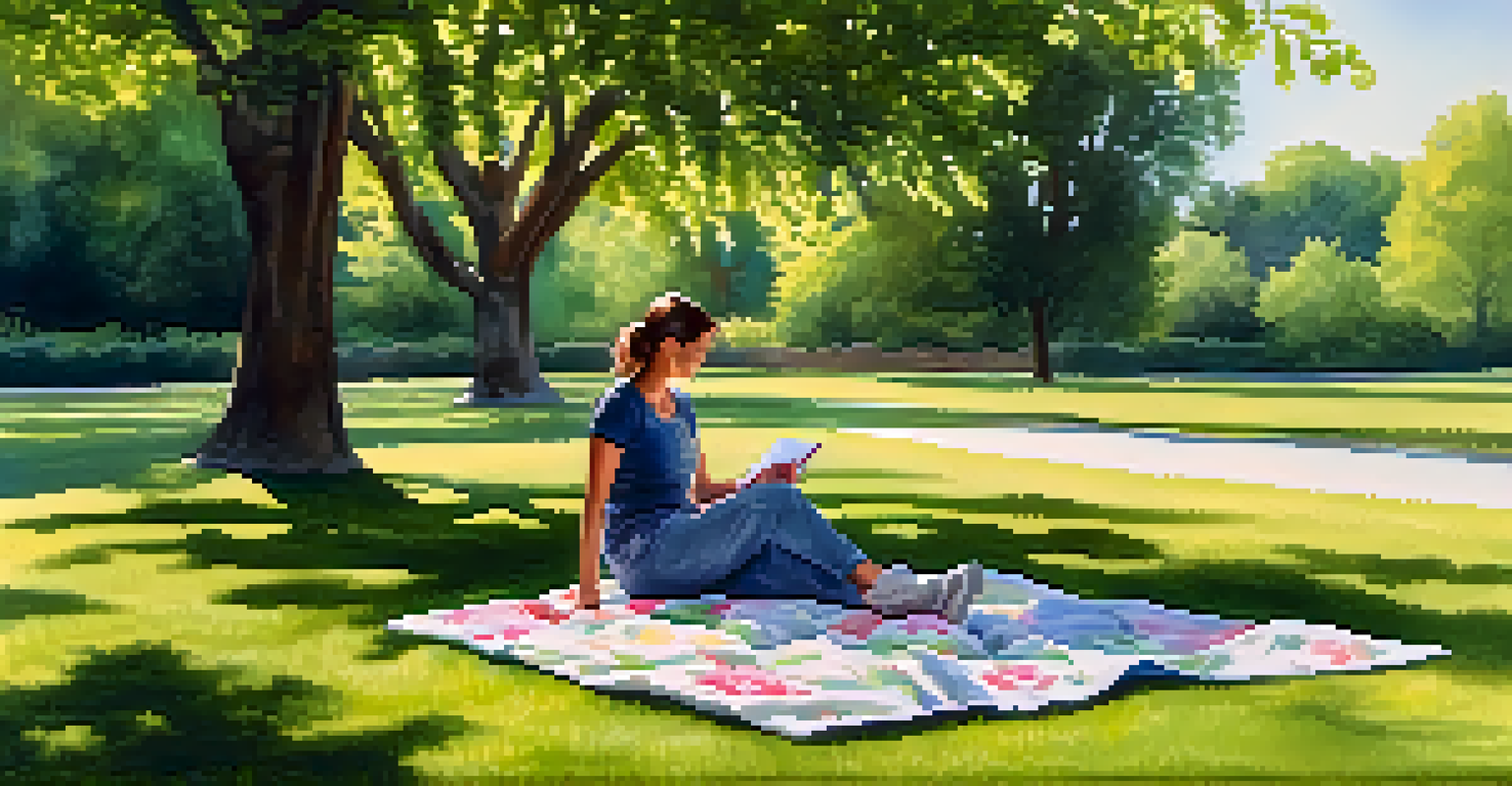 An individual painting with watercolors on a blanket in a sunny park surrounded by blooming flowers.